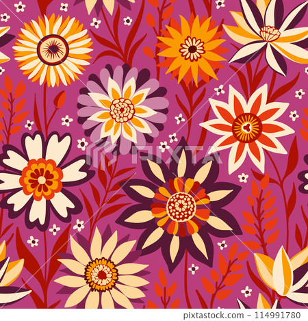 Floral Seamless Random Pattern with Fantasy Flowers in Bohemian style in Magenta, Yellow, White, Purple, Orange, Red Colors, Great for Textiles, Surfaces, Wallpapers, Wrapping Papers, Fabrics, Prints. 114991780