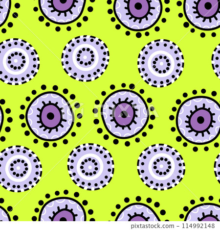 Seamless pattern with geometric aboriginal ornament. Ethnic tribal rounded color background. Afican, australian motiph. Dots painting. Vector illustration, template design for cloth, card, fabric Seamless pattern with geometric aboriginal ornament. Ethnic tribal rounded color background. Afican, australian motiph. Dots painting. Vector illustration, template design for cloth, card, fabric 114992148