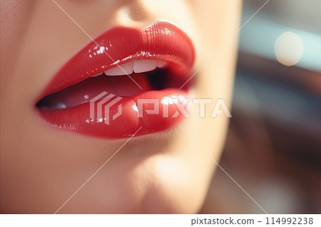 Young woman receiving cosmetic botox lip injection procedure 114992238