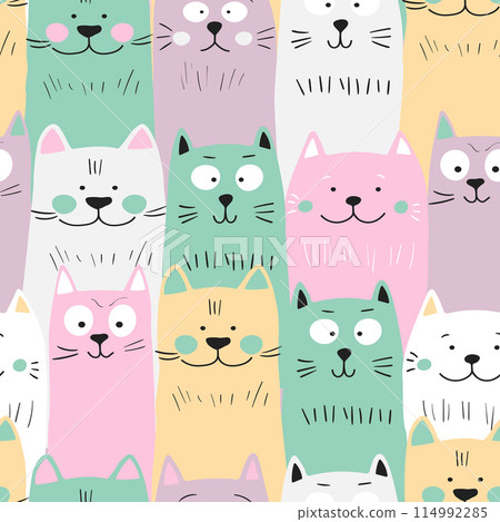 Seamless pattern with cute kitten print. Different scandy cats on color background. Scandinavian style illustration for kids. Vector illustration for fabric, textile, wallpaper, home clothing, pajama 114992285