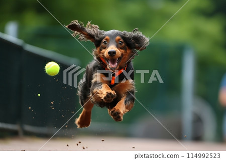 Playful pooch engages in ball games under the sun, creating amusing moments in the outdoors 114992523