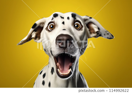 Intelligent surprised dalmatian canine with blank space for text on vibrant yellow background 114992622