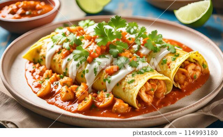 Plate of seafood enchiladas topped with a rich chipotle cream sauce and garnir 114993180