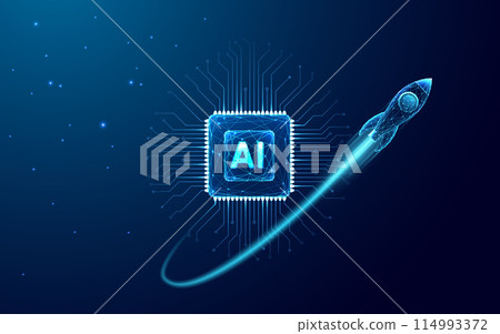 Digital abstract rocket and AI chip. Abstract technology background.  114993372