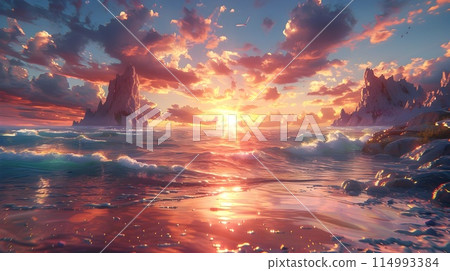 Coastal Seascape with Towering Rock Formations and Vibrant Sunset Sky 114993384