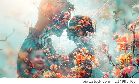 Ethereal Double Exposure of Loving Family Embrace Amid Blooming Flowers Symbolizing Growth and Affection 114993405