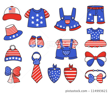 Independence Day USA. Collection festive patriotic clothes, accessories, party decorations, socks, hat, bow in American flag colors. Isolated vector illustrations for national holidays design Independence Day USA. Collection festive patriotic clothes, accessories, party decorations, socks, hat, bow in American flag colors. Isolated vector illustrations for national holidays design 114993621