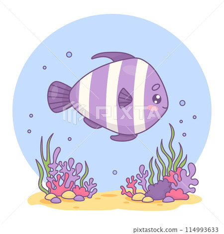 Cute striped tropical fish with algae, coral and sandy bottom. Underwater world with cartoon kawaii character. Vector illustration. Kids collection. 114993633