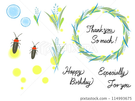 Illustration material of refreshing summer flowers and fireflies (with text) 114993675