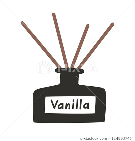 Home scent icon, vector illustration of reed diffusor, vanilla fragrance, aromatherapy perfume, home decor element, isolated colored clipart on white background 114993745