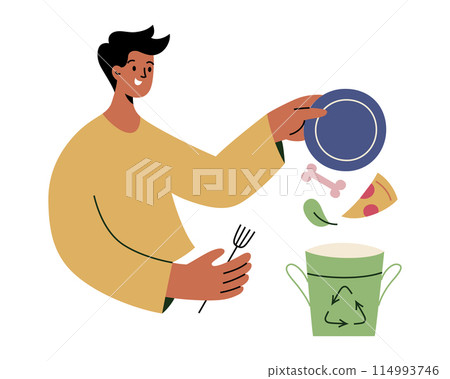 Reduce food waste composition, man throwing leftovers in compost bin, vector illustration of cartoon flat character, reuse garbage, sustainable eating composition, ecology awareness 114993746