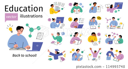 Education vector illustrations set, collection of school children scenes. Studying, exams, homework, academic life, classroom activities. Students reading, writing, doing science, math. Back to school 114993748