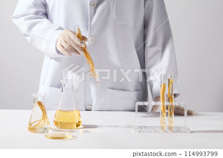 Scene of scientist hold and shake a test tube with a ginseng root, in front as a white table containing some lab items filled ginseng essence. Frontal shot with space for text or design elements Scene of scientist hold and shake a test tube with a ginseng root, in front as a white table containing some lab items filled ginseng essence. Frontal shot with space for text or design elements 114993799