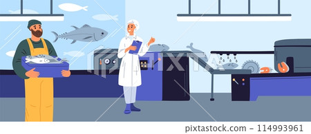 Cartoon fish farm. Breeding of tuna or salmon in artificial environment. Seafood enclosure. Marine agriculture. Processing conveyor. Food production industry. Garish vector concept 114993961