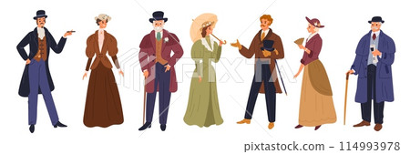 Gentlemen and ladies. Male and female fashion of 19th century in Europe. Aristocratic gowns and costumes. Victorian outfit. Women classic dress. Men tuxedo and hat. Garish vector set 114993978
