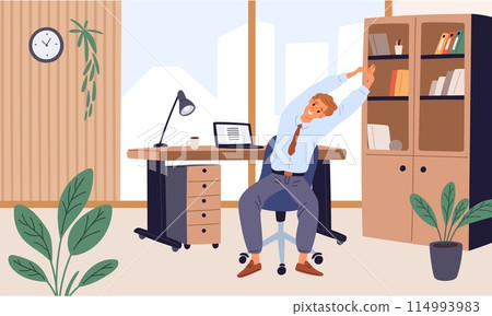 Man does stretching in workplace. Office physical exercises. Taking care of health at sedentary job. Flexible body training. Fitness for workers. Sport workout. Garish vector concept 114993983