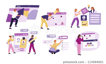 Software testing process. People looking for mistakes and web bugs in applications and computer programs. QA engineering. Programmers finding errors with magnifiers. Garish vector set Software testing process. People looking for mistakes and web bugs in applications and computer programs. QA engineering. Programmers finding errors with magnifiers. Garish vector set 114994001