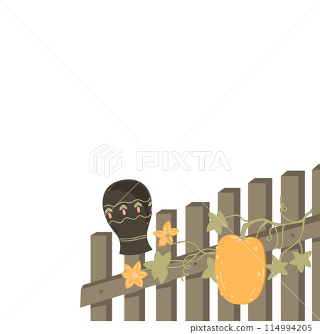 Wooden fence with ripe pumpkin plant and black jug. Fall composition design element 114994205