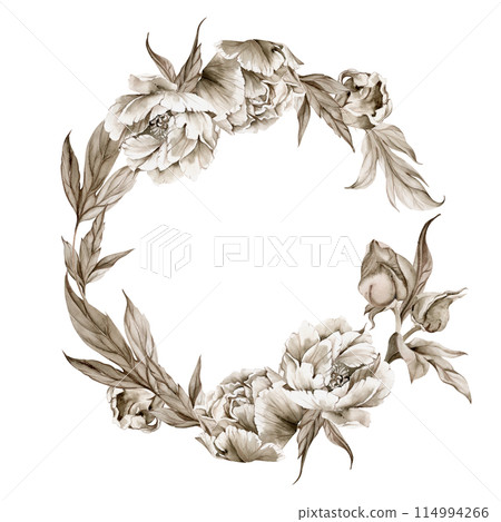 Hand drawn watercolor grisaille monochrome peony tulip rose flowers, buds and leaves. Wreath frame isolated on white background. Invitations, wedding or greeting cards, floral shop, print, textile Hand drawn watercolor grisaille monochrome peony tulip rose flowers, buds and leaves. Wreath frame isolated on white background. Invitations, wedding or greeting cards, floral shop, print, textile 114994266