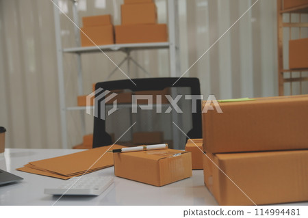 Portrait of young business asian woman online working in office desk use computer copyspace. Success business people employee, freelance SME online marketing work at home, coworking space concept Portrait of young business asian woman online working in office desk use computer copyspace. Success business people employee, freelance SME online marketing work at home, coworking space concept 114994481