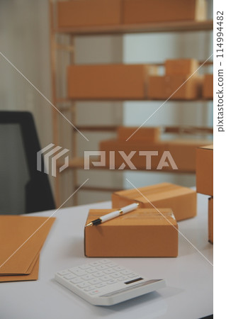 Portrait of young business asian woman online working in office desk use computer copyspace. Success business people employee, freelance SME online marketing work at home, coworking space concept 114994482