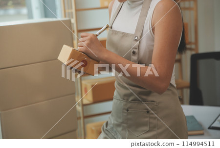 Portrait of young business asian woman online working in office desk use computer copyspace. Success business people employee, freelance SME online marketing work at home, coworking space concept Portrait of young business asian woman online working in office desk use computer copyspace. Success business people employee, freelance SME online marketing work at home, coworking space concept 114994511