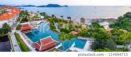 View of resort in Cape Panwa beach in Phuket, Thailand View of resort in Cape Panwa beach in Phuket, Thailand 114994715