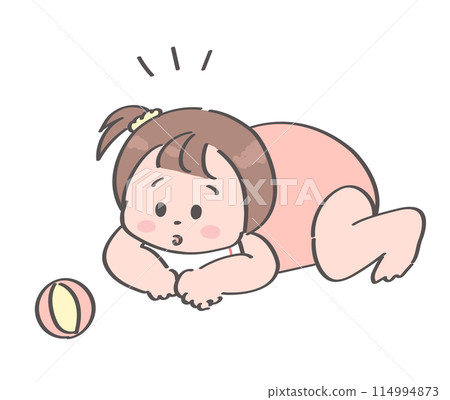嬰兒臉朝下躺著並注意到一個球的插圖 嬰兒臉朝下躺著並注意到一個球的插圖 114994873