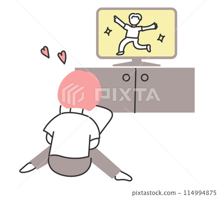 Illustration of a woman feeling happy watching a recording of her favorite idol's show 114994875