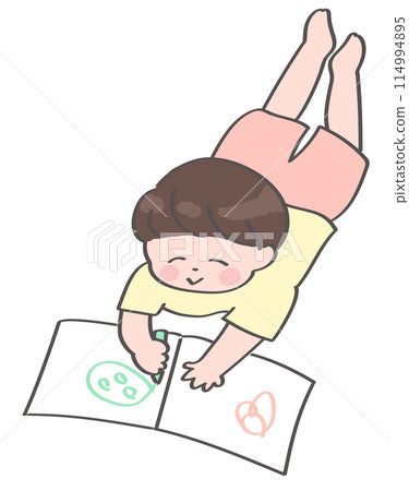 一個男孩趴在圖畫書上畫畫的插圖 一個男孩趴在圖畫書上畫畫的插圖 114994895
