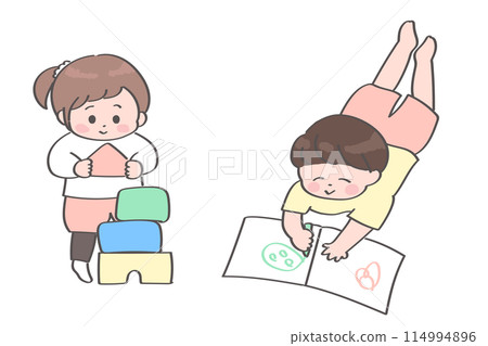 Toddler boys and girls playing indoors Toddler boys and girls playing indoors 114994896