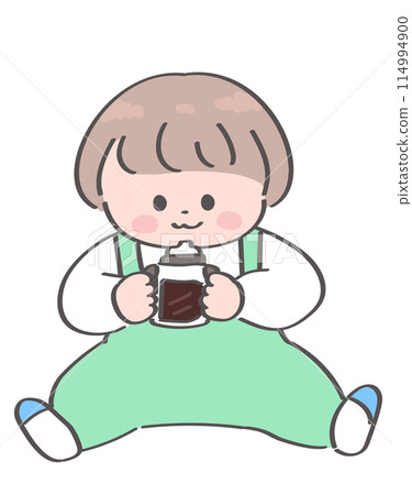 一個小孩坐下來喝杯子裡的茶的插圖 114994900