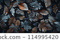 Frostcovered leaves over a dark soil background 114995420