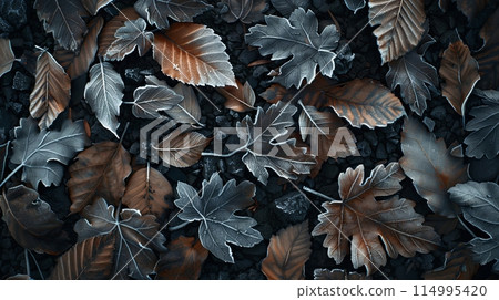 Frostcovered leaves over a dark soil background 114995420
