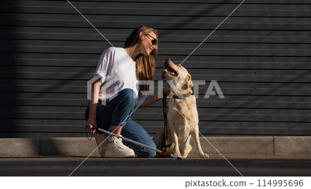 A blind woman walks her guide dog on the street. Girl hugging a labrador. A blind woman walks her guide dog on the street. Girl hugging a labrador. 114995696