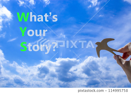 Storytelling and what is your story symbol. Concept words What is your story on beautiful blue sky clouds background. Wooden bird. Business storytelling what is your story concept. Copy space. Storytelling and what is your story symbol. Concept words What is your story on beautiful blue sky clouds background. Wooden bird. Business storytelling what is your story concept. Copy space. 114995758
