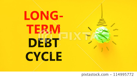 Long-term debt cycle symbol. Concept words Long-term debt cycle on beautiful yellow paper. Beautiful yellow background. Green light bulb icon. Business Long-term debt cycle concept. Copy space. Long-term debt cycle symbol. Concept words Long-term debt cycle on beautiful yellow paper. Beautiful yellow background. Green light bulb icon. Business Long-term debt cycle concept. Copy space. 114995772