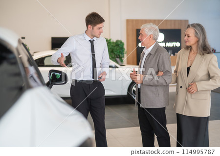A salesman in a car dealership shows a car to a mature married couple. 114995787