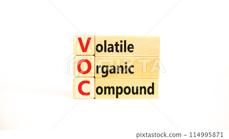 VOC volatile organic compound symbol. Concept words VOC volatile organic compound on beautiful wooden blocks. Beautiful white background. Business VOC volatile organic compound concept. Copy space. 114995871