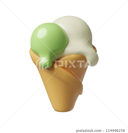 Pistachio ice cream cone 3d emoji with scoops of green melting ice cream in waffle cup  114996256