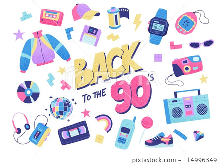 90s retro elements set with lettering. Bright multicolour collection. Vector illustration in trendy flat style 114996349