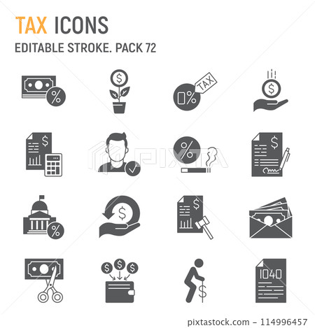 Tax glyph icon set, taxation collection, vector graphics, logo illustrations, tax vector icons, finance signs, solid pictograms, editable stroke 114996457