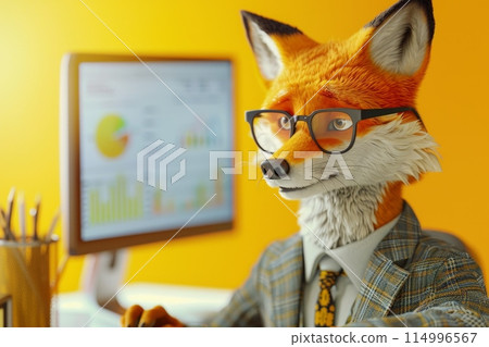 A fox wearing glasses is sitting in front of a computer monitor with Generative AI 114996567