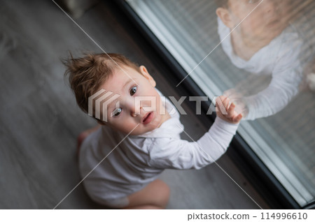 Baby boy standing by the patio window.  114996610