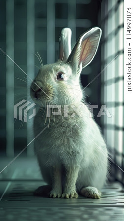 A rabbit in a controlled study using RFID technology to monitor its movements and behaviors in different environments. 114997073