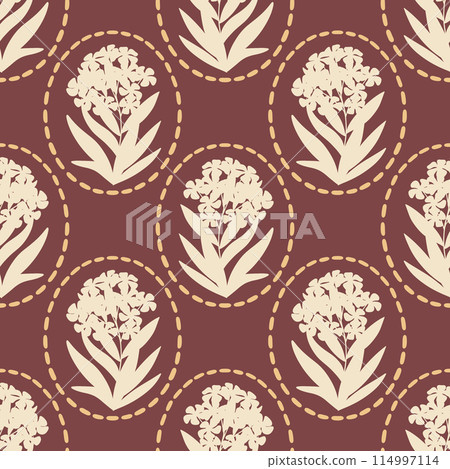 Floral vector seamless pattern. Monochrome silhouettes of Oleander flowers with leaves in oval shapes on dark background. Modern vintage repeat design for wallpaper, home decor, fabrics, stationery 114997114