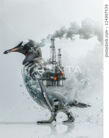 Penguin with body consisting of ever-smoking industrial plants walks on water. Melting glaciers and climate change. 114997539