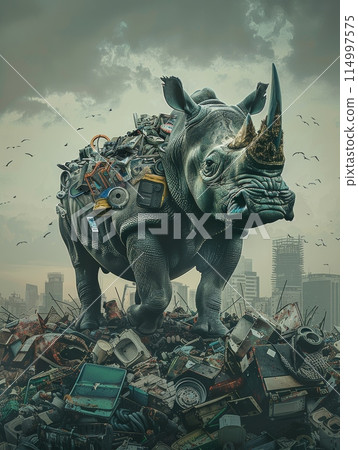 Rhino, its body marred with pieces of broken machinery, stands defiantly atop pile of industrial waste. Clash between nature and human-made pollution 114997575