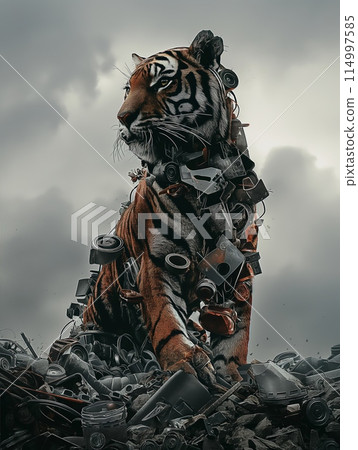 Powerful tiger, stands amidst heap of industrial scrap and discarded machinery. Tiger's body blending natural with man-made 114997585