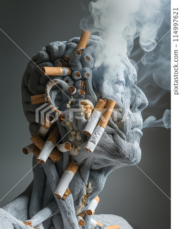 Gray silhouette of human body that smokes and smolders because of cigarettes. Health threat due to bad habits. 114997621